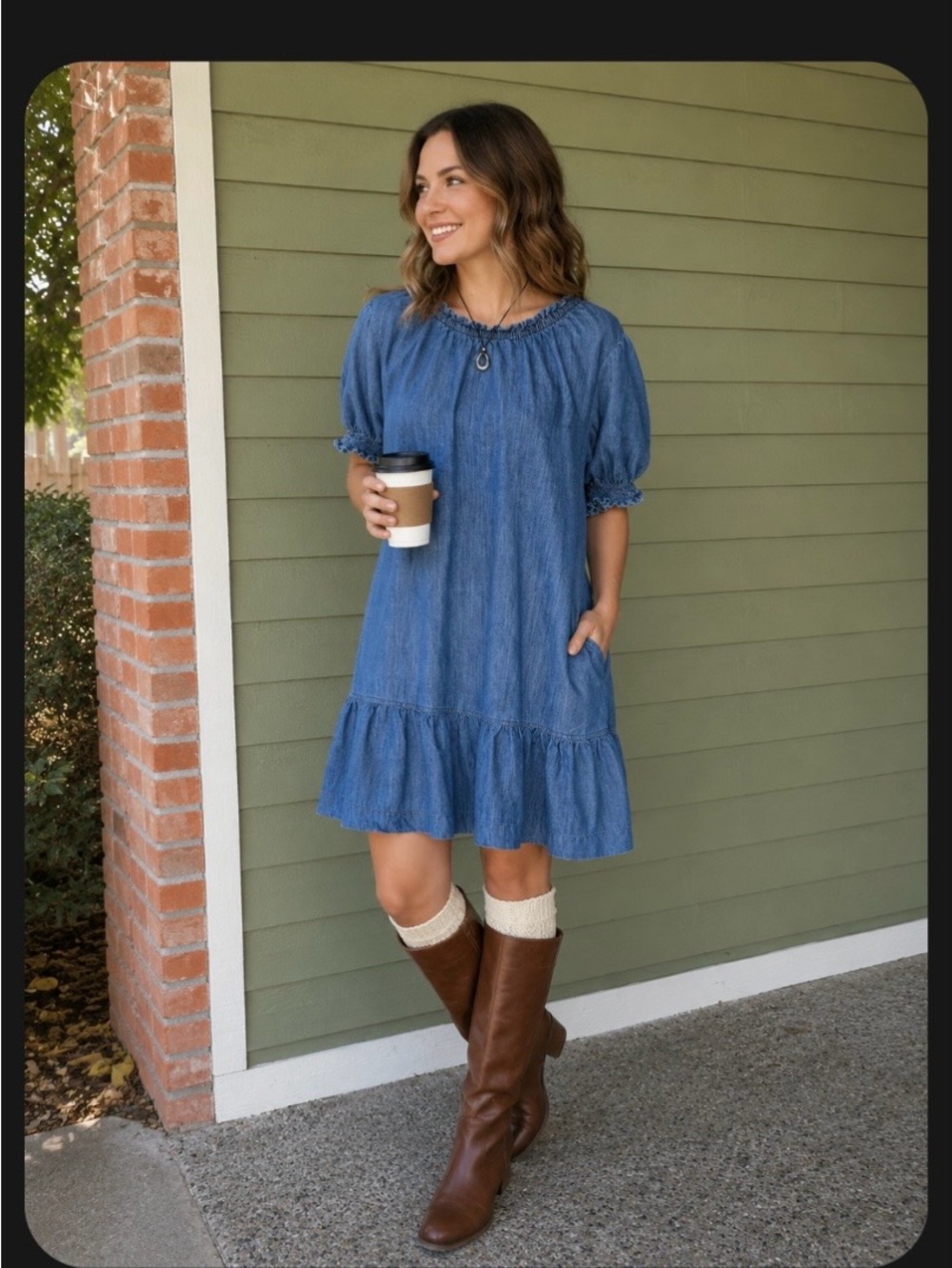 Denim straight shift mini midi dress with flounce hem and smocked puff sleeves